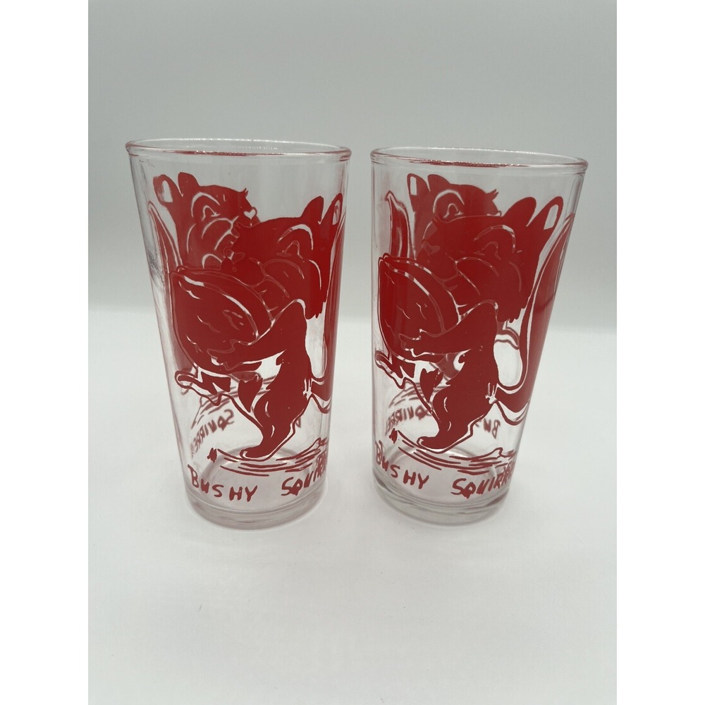 Vintage Blue Plate Peanut Butter 10 oz Glass Red Bushy Squirrel Tumblers 1950s